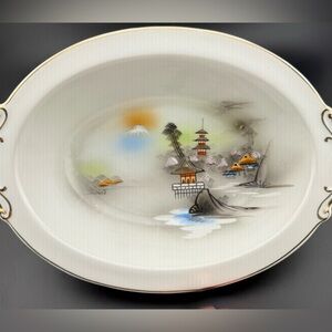 Hayasi Kutani fine china oval serving bowl. Handpainted Japanese landscape scene